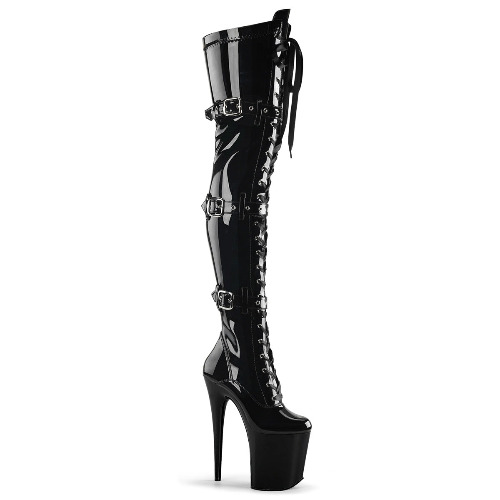 Black Patent Leather Buckle Thigh High Boots