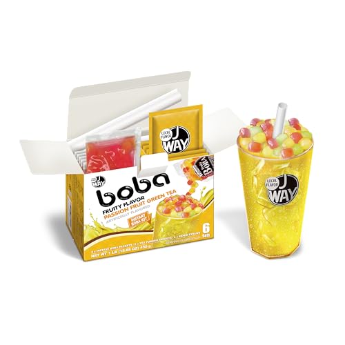 J WAY Instant Passionfruit Pineapple Green Tea Kit with Authentic Fruity Colorful Tapioca Boba, Ready in Under One Minute, Paper Straws Included - 6 Servings - Pineapple Green Tea with Fruity Boba