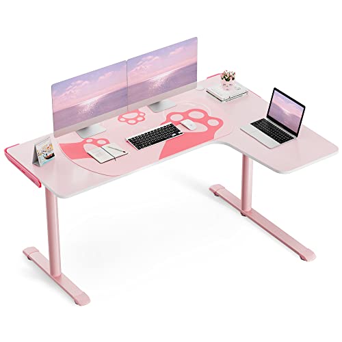 EUREKA ERGONOMIC L60 Gaming Desk L Shaped, 60 Inch Large Pink Computer Table Home Office Corner Study Writing Modern Workstation w Mouse Pad Cable Management, Space Saving, Gift for Girl Female, Right - Right Side