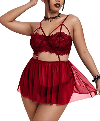 Pyroluna Women's Sexy Plus Size Lingerie Sheer Lace Babydoll Strappy Exotic Sleepwear Eyelash Split Cup Chemise XL-4XL - X-Large - Wine Red