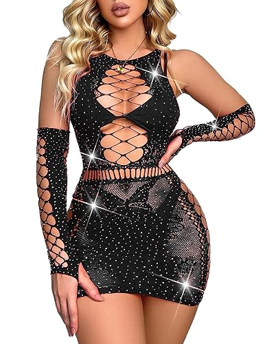 Avidlove Fishnet Lingerie Womens Mesh Chemise One Piece Babydoll Mini Dress Lace Sparkle Rhinestone Lingeries for Women - Black