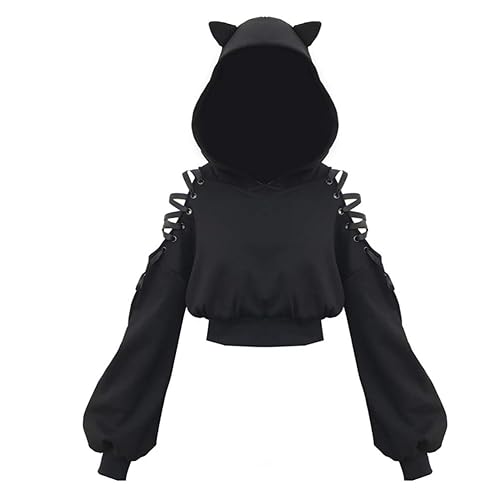 Women Hoodies Long Sleeve Cute Ear Cat Off Shoulder Crop Top Pullover Sweatshirt - Large - Black