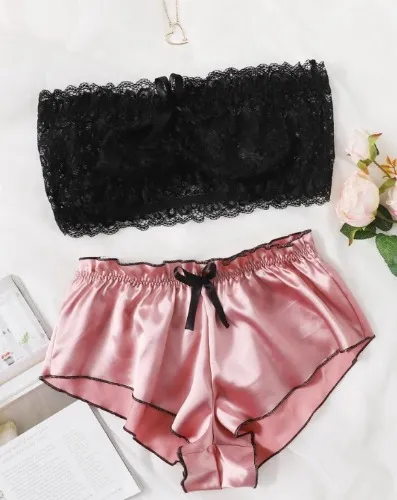 Classic Floral Lace Ban deau Bra With Satin Shorts, Lingerie