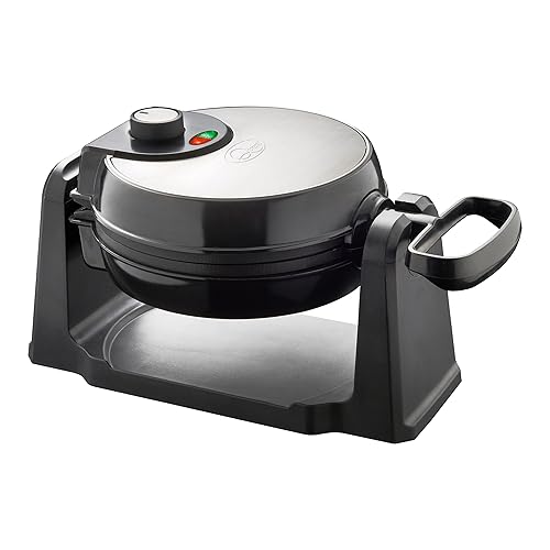 Quest 35969 Rotating Belgian Waffle Maker / Non Stick Plates / Temperature Control / Cooks up to 4 Waffles / 1000W - Round Handle