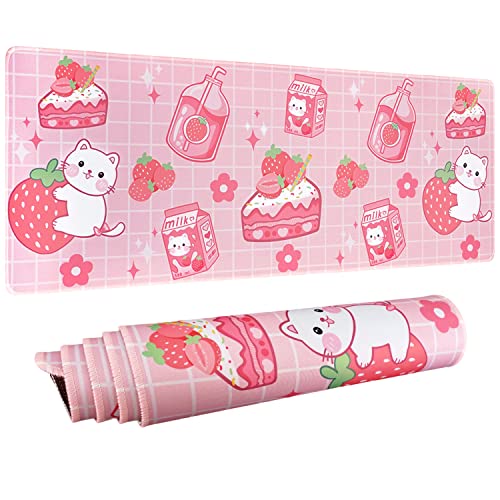 Kawaii Gaming Mouse Pad for Desk, Extended Large Cat Strawberry Milk Mouse Pad, Pink Mousepad XL, Cute Mouse Pad Anime, Long Big Mouse Mat, Kawaii Strawberry Decor Stuff Accessories, 31.5 X 11.8 Inch - Strawberry Cat
