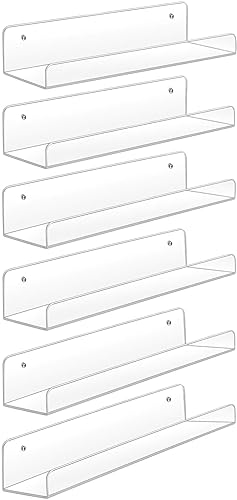 Sooyee Acrylic Shelves,6 Pack 15 Inch Floating Wall Shelves, Funko Pop Display Shelf,Invisible Kids Book Shelf,Picture Ledge Shelf Decor, Plastic Bathroom Wall Shelves,Clear - 6 Pack