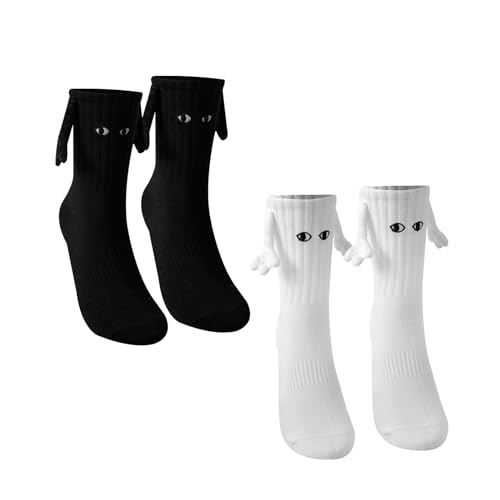 LASER HAND Holding Hands Socks Funny Magnetic Suction 3D Doll Socks Birthday Christmas Gifts for Valentines Him and Her - Large - Hand 2 - White + Black