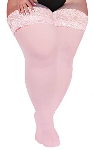 Neoviancia Plus Size Thigh High Stockings Women Sheer Lace Top Stay Up Pantyhose 55D Lingerie Thigh Highs - Light Pink