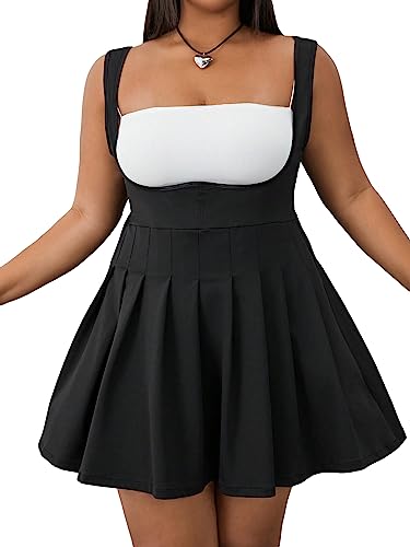 OYOANGLE Women's Plus Size Knot Tie Shoulder Overalls Pinafore Dress Flared Suspenders Skirt - XX-Large Plus - Black Solid