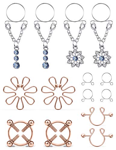 Cisyozi 5Pairs Stainless Steel Fake Nipple Rings for Women Non-Piercing Dangle Nipplerings Faux Body Piercing Jewelry - Rose Gold Tone