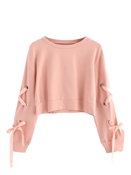 SweatyRocks Women's Casual Lace Up Long Sleeve Pullover Crop Top Sweatshirt - Medium Solid Pink