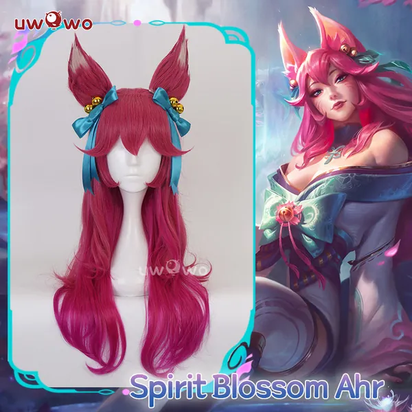Uwowo League of Legends LOL Spirit Blossom Ahri Fox Cosplay Wig With Ears Long Hair - Wig+Ears