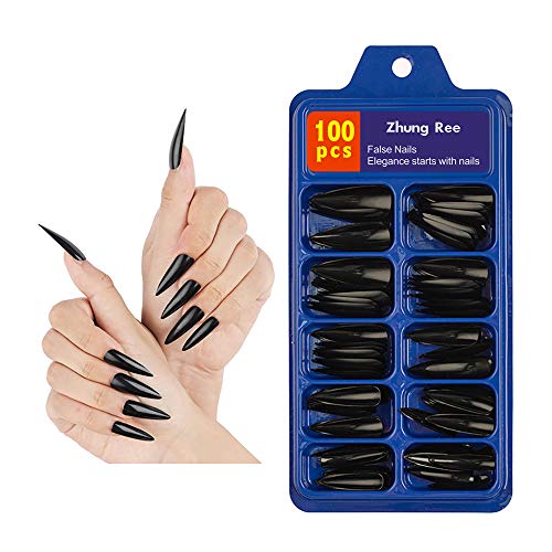 Zhung Ree Stiletto Nail Tips Long Sharp Press On Nails Black Acrylic Fake Nails 100PCS Full Cover False Nails With Case (Black) - Black