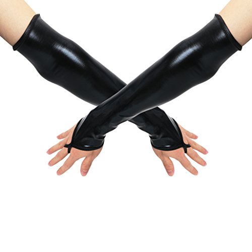 Thereisno Sexy Long Black Metallic Feel Gloves Synthetic Leather Arm Sleeves Costume New Scarf Shawl