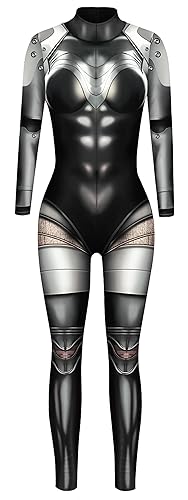 FEOYA Skeleton Jumpsuit for Women Halloween Costume Long Sleeve Skinny Catsuit 3D Print Skull Bodysuit Bone Cosplay Outfit - Grey Robot - Medium