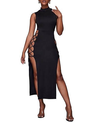 LYANER Women's Sexy Mock Neck Cut Out Side Lace Up Sleeveless Bodycon Maxi Tank Dress - Medium - Black