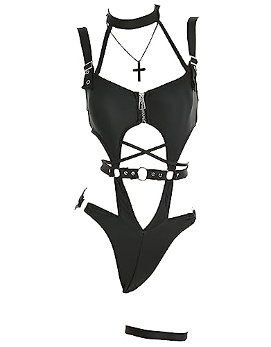MEOWCOS Women's One Piece Swimsuits Gothic Swimsuit Chest Zipper Cutout Bathing One-piece Swimwear - Medium - Black