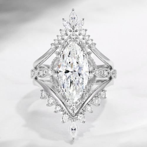 Elegant Vintage Style Marquise Moissanite Bridal Set 3pcs | 18K WG / Moissanite