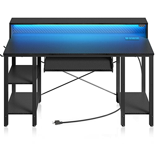 Rolanstar Computer Desk with LED Lights & Power Outlets, 47” Gaming Desk with Storage Shelves, Home Office Desk with Keyboard Tray & Monitor Stand, with Hooks, Carbon Fiber Surface Black