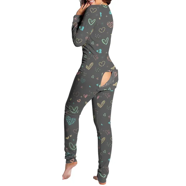 CofeeMO Women's Lingerie Sleep Lounge Valentines Day for Her Jumpsuit Adult Onesie Pajamas Heart Printed for Naughty Sex Play