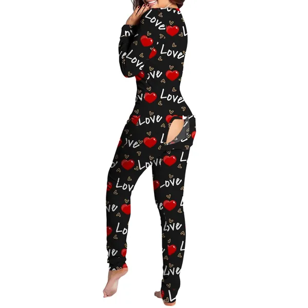 CofeeMO Women's Lingerie Sleep Lounge Valentines Day for Her Jumpsuit Adult Onesie Pajamas Heart Printed for Naughty Sex Play