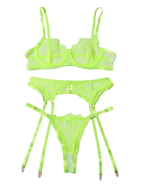 Lilosy Sexy Underwire Colorful Kawaii Cute Sheer Garter Belt Lingerie Set Bra and Panty 3 Piece