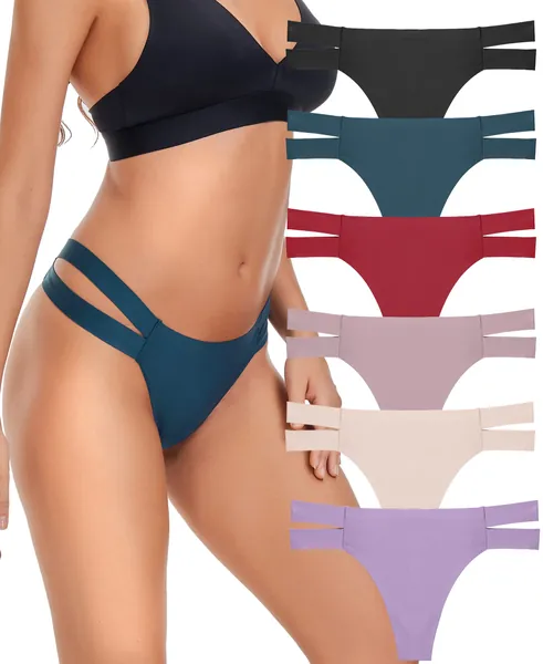 6 Pack Seamless Thongs for Women Sexy No Show Breathable Underwear Stretch Straps T-Back Tangas Panties for Ladies