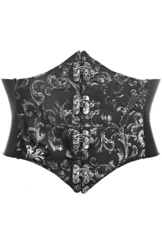 Lavish Black/Silver Swirl Brocade Corset Belt Cincher w/Clasps - XLarge / As Shown