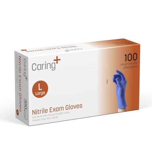 Caring Nitrile Exam Gloves, Blue, Powder-Free, Disposable Gloves for Medical Care, First Aid, Cleaning, Food Prep - Large (Pack of 100)