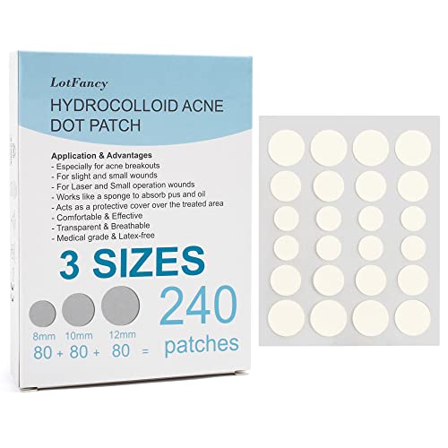 LotFancy Acne Patches, 240 Count, 3 Sizes (12, 10, 8mm), Hydrocolloid Pimple Patches for Face, Clear Zit Stickers for Blemishes, Spots, Skin Acne Dots Treatment - 240 Patches(3 Sizes)