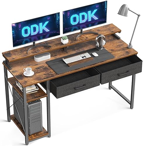 ODK Computer Desk with Drawers, 120 x 48 cm Office Desk with Storage & Shelves, Gaming Desk with Monitor Stand Shelf, Rustic Brown Home Office Desks for Small Spaces - Rustic Brown