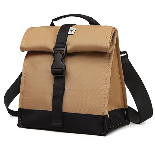 SUNNY BIRD Insulated Lunch Bag Rolltop Lunch Box Tote Bag for Women, Men, Adults and Teens (Brown) - Brown