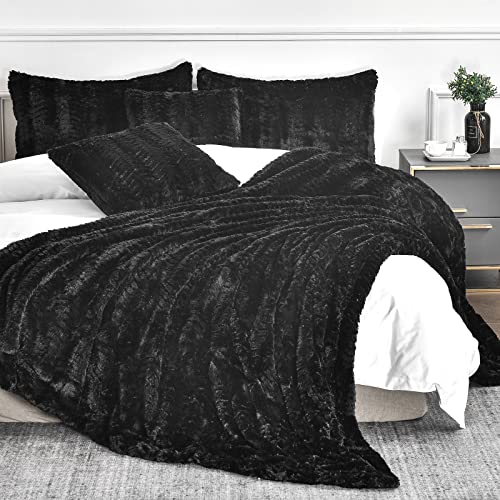 YUSOKI Luxury Faux Fur Blanket Soft Fuzzy Fluffy Cozy Blanket Plush Furry Comfy Warm Blanket for Couch Bed Chair Sofa Bedroom Men Boys Gift(Black,Queen 90"x90") - Black - Queen 90"x90"(without pillows)