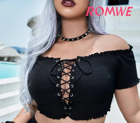 ROMWE PUNK Plus Off Shoulder Grommet Lace Up Lettuce Trim Crop Tee | SHEIN USA