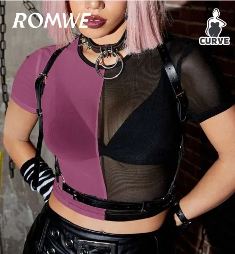 Purple Mesh Patchwork Round Neck Short Sleeve Cropped Fitted T-Shirt For Plus Size Women