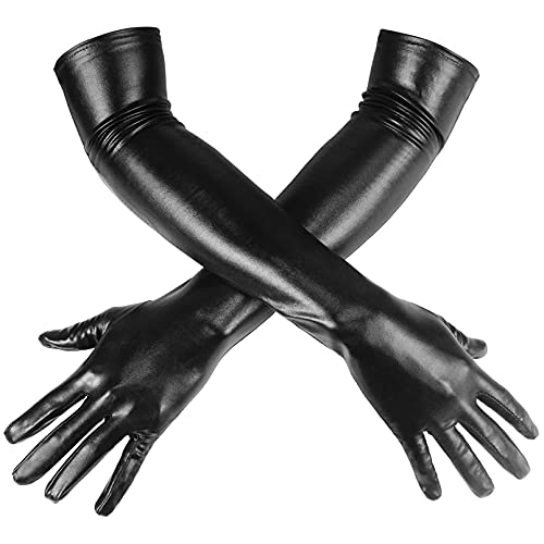 Luwint Women Sexy Wet Look Black Long Gloves for Costume Cosplay Photoshoot - Plus Size