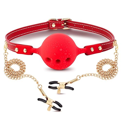 Mouth Ball Gag Sex Toys - UTIMI Breathable Open Mouth Gag with Removable Nipple Clitoris Clips Bondage Restraints BDSM Adult Toy for Men Women and Couple Foreplay | Red Ball - Red - Ball