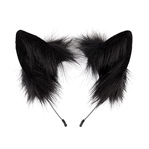Adolala Furry Cat Wolf Fox Ears Headband Halloween Headwear Cosplay Costume Party for Women Girls - Black