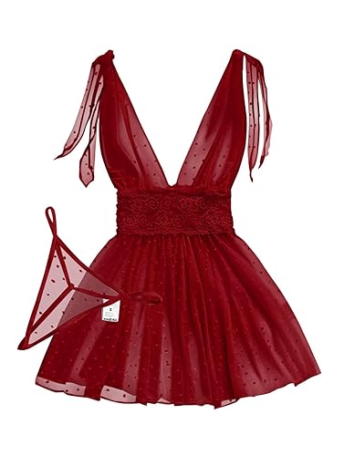 Lilosy Sexy Polka Dots Mesh Sheer Lace Babydoll Chemise Lingerie Set Floral Lace Nightwear - XX-Large - Burgundy Red