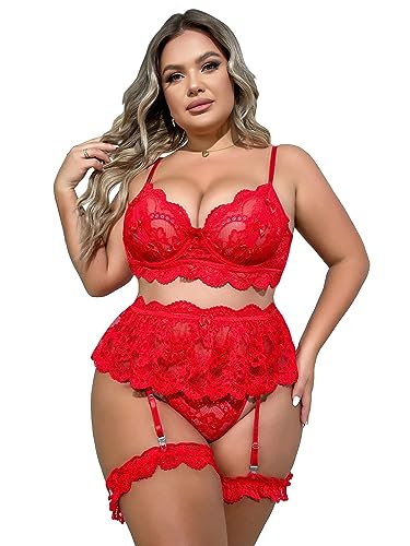 SOLY HUX Women's Plus Size Floral Lace Scallop Underwire Garter Push Up Bra and Panty Lingerie Set - 3X-Large Plus - Plain Red