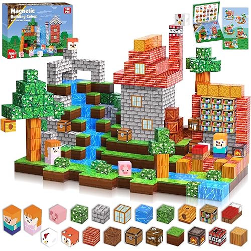 Goody King Magnetic Building Blocks | 150PCS Magnet Building Cube Game, Constructions Toys for Boys & Girls Age 3-4,5-8 9 10,STEM Montessori Stacking Toy, Sensory Tiles Building Christmas for Toddlers - Woods - 150PCS