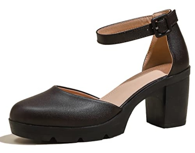 DADAWEN Women's Closed Toe Low Block Chunky Heels Round Toe Ankle Strap Wedding Work Dress Pump Shoes - 9.5 - Brown