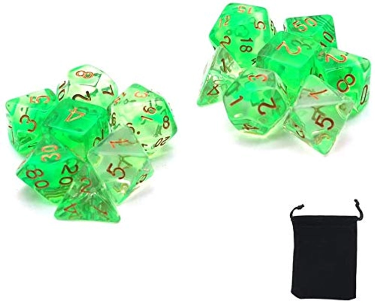DollaTek Transparent Polyhedral Dice Set Table Games Dice 2 Sets Dice 2 x 7 (14 Pieces) Die Series D20 D12 D10 D8 D6 D4 DND dice DND RPG MTG Double Colors One Piece (Green)