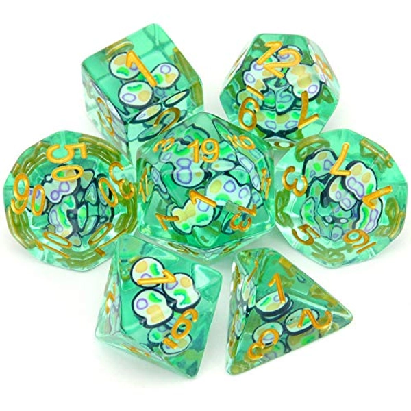 Haxtec Filled Resin Dice Set 7PCS Sushi Polyhedral DND Dice for Dungeons and Dragons Pathfinder Green RPG Dice