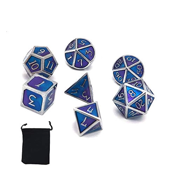 DollaTek 7 PCS Metal Dice Set DND Game Polyhedral Solid Metal D&D Dice Set with Storage Bag and Zinc Alloy with Enamel for Role Playing Game Dungeons and Dragons (Double Color Mix Blue and Purple)