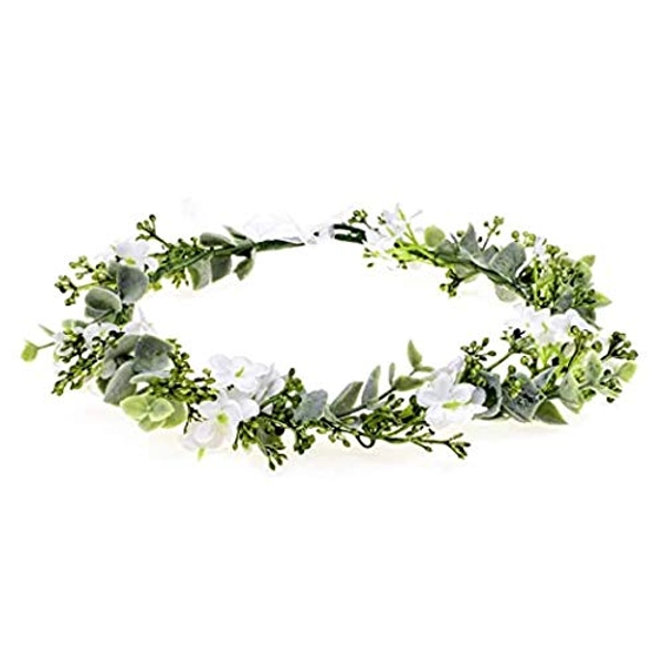 Merroyal Girls Flower Crown Floral Headpiece Floral Crown Wedding Festivals Photo Props (Green Leaf and White)
