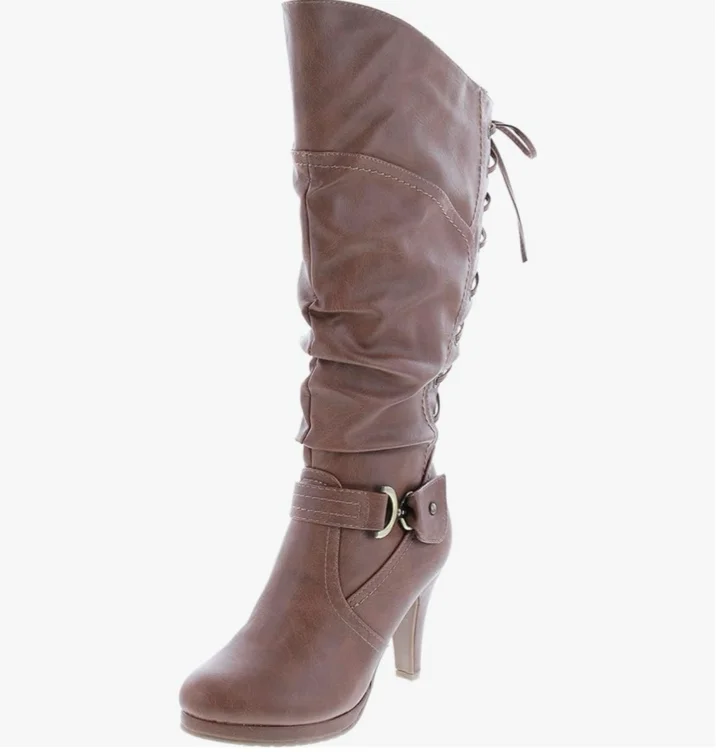 TOP Moda Womens Page-65 Knee High Round Toe Lace-Up Slouched High Heel Boots - 10 - Tan