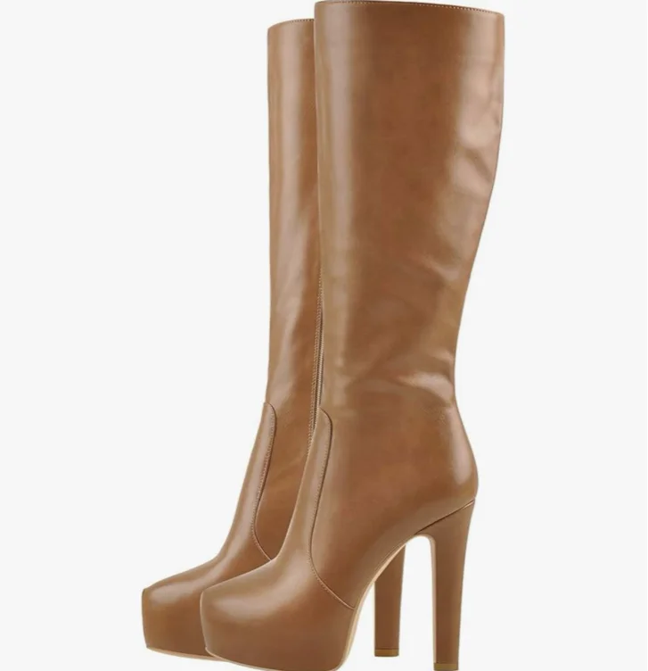 richealnini Women's Low Platform Block High Heel Mid Calf Boots with Zipper - 9.5 - Brown