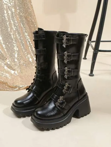 ROMWE Grunge Punk Women's 2024 New Gothic & Dark Style Rivet Detail Wedge Heel Platform Mid-Calf Boots For Spring And Autumn