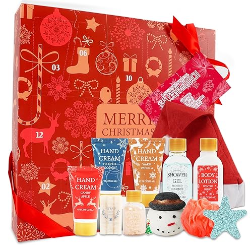 Christmas Advent Calendar for Women 2024 12pc Luxurious Skincare Gift Set with Hand Creams, Christmas Spa Bath Set Essentials, Beauty Advent Calendar for Mom, Daughter, Wife, Friends and Family - Christmas Red